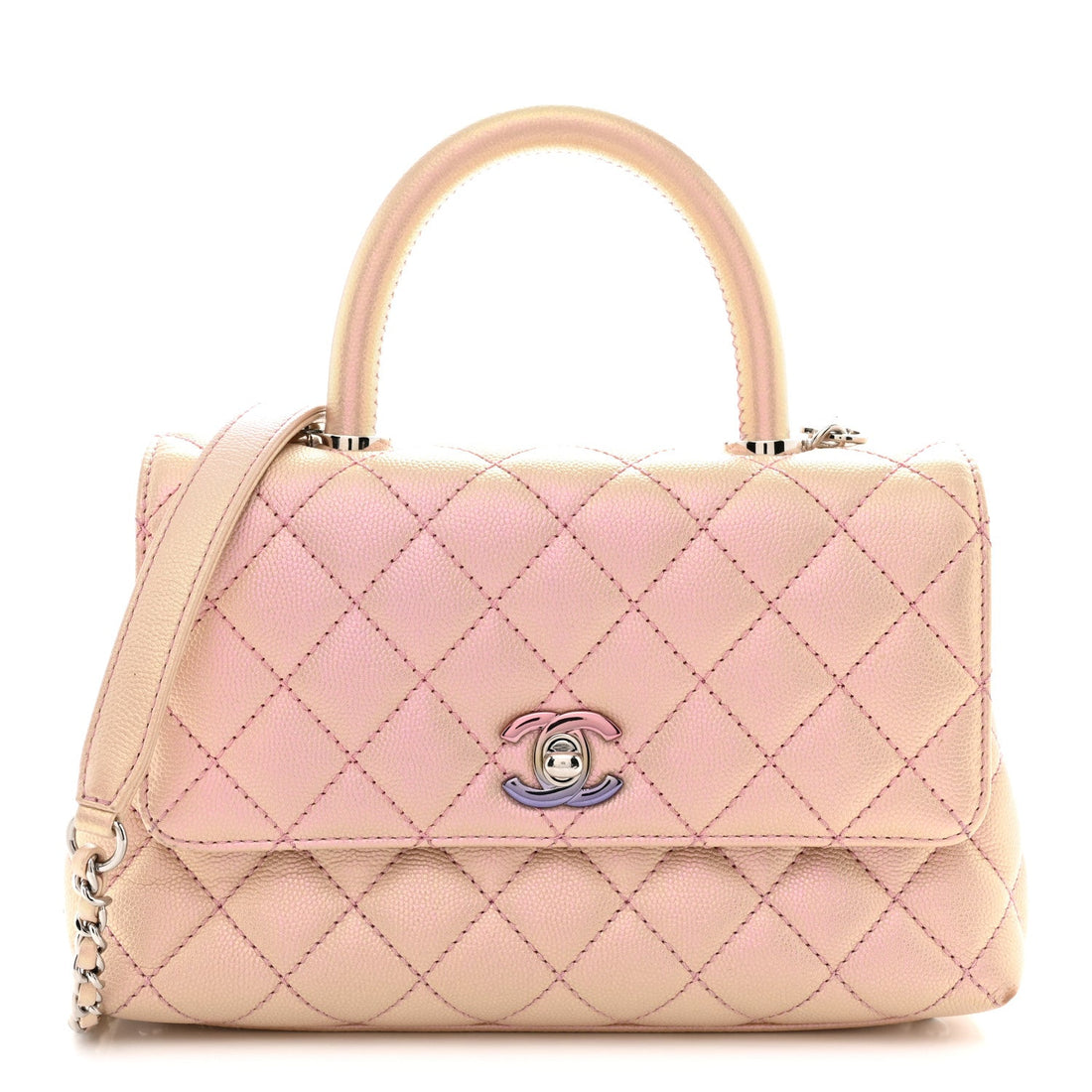Iridescent Caviar Quilted Mini Coco Handle Flap Pink