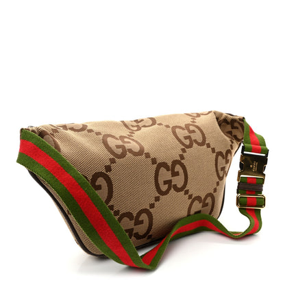 Monogram Jumbo GG Textured Dollar Calfskin Web Belt Bag Camel Ebony New Acero