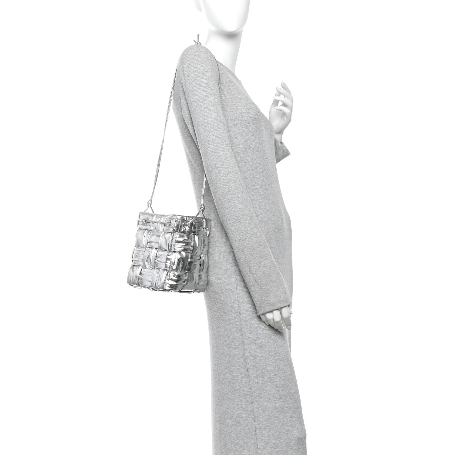 Metallic Calfskin Intrecciato Foulard Bucket Bag Silver