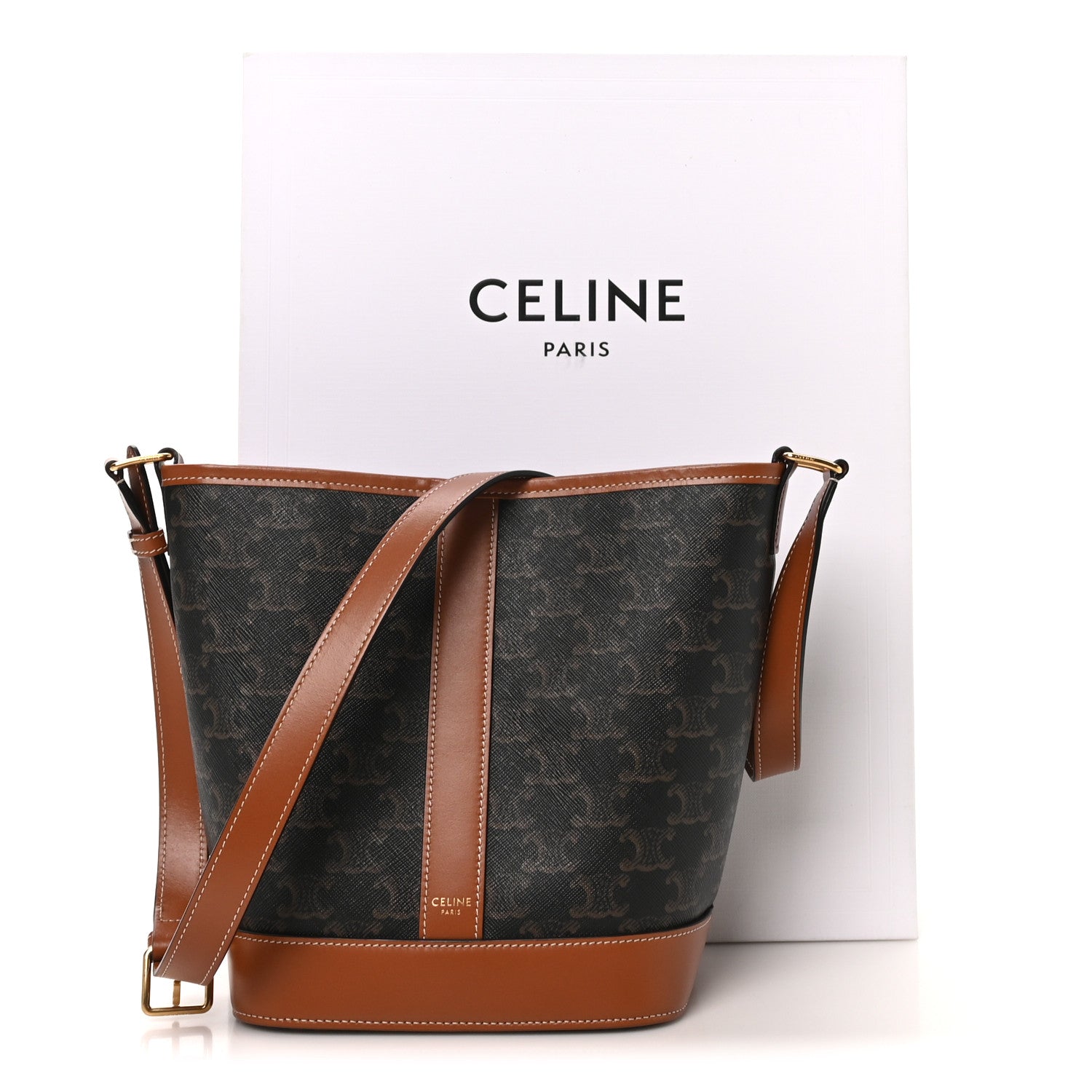 Triomphe Canvas Calfskin Small Bucket Bag Tan