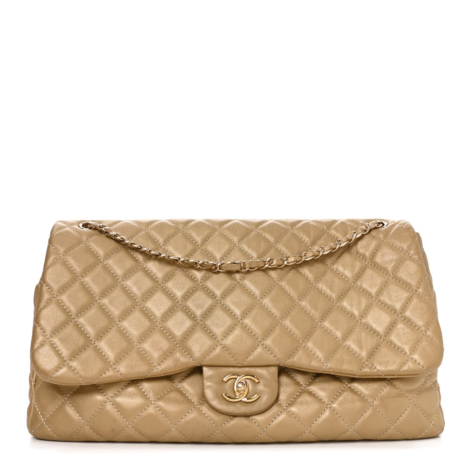 Metallic Calfskin Quilted Small XXL Travel Flap Bag Gold