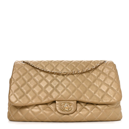 Metallic Calfskin Quilted Small XXL Travel Flap Bag Gold