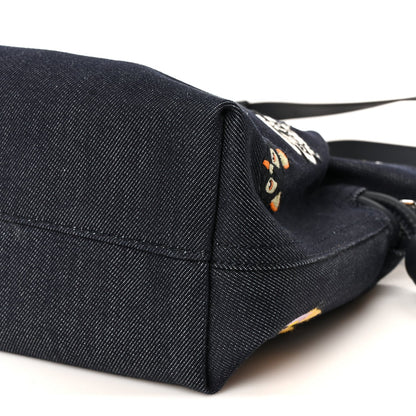 X Louis Wain Denim Embroidered Futurist Cats Medium Flamenco Knot Clutch Blue