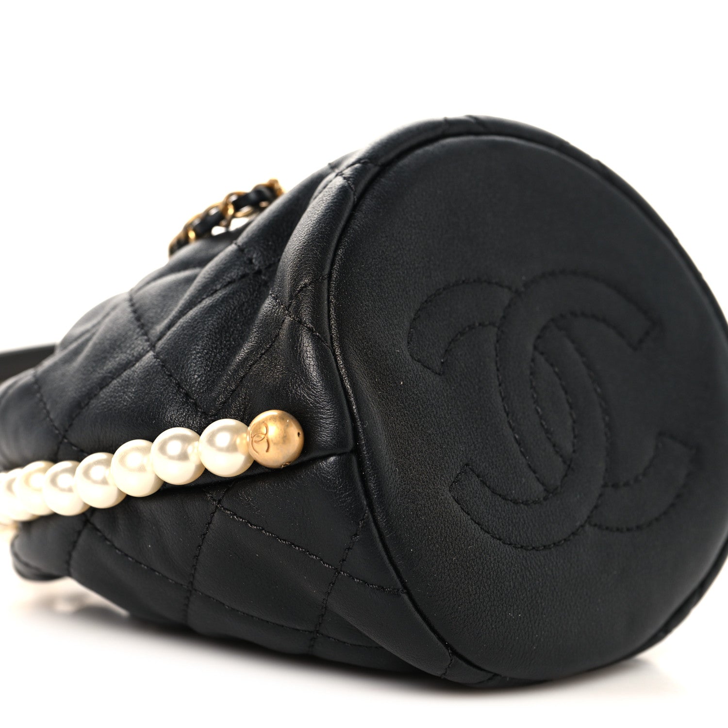Calfskin Quilted Pearl Mini About Pearls Drawstring Bucket Bag Black