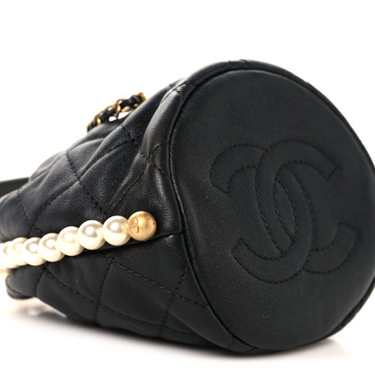 Calfskin Quilted Pearl Mini About Pearls Drawstring Bucket Bag Black