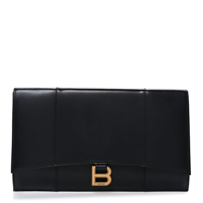 Shiny Box Calfskin Hourglass Flap Flat Pouch Black