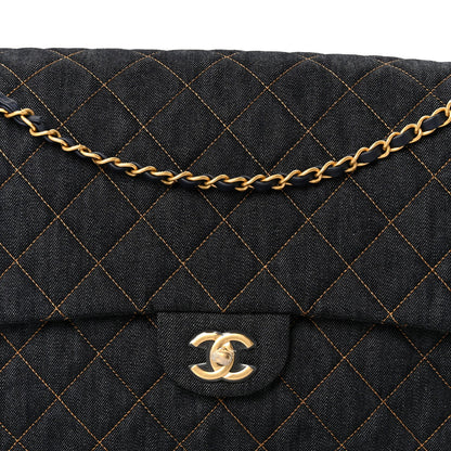 Denim Quilted XXL Travel Flap Bag Dark Blue Orange