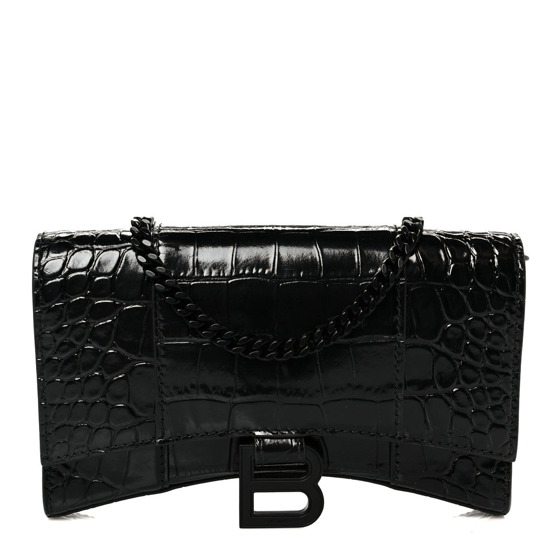 Shiny Calfskin Monochrome Crocodile Embossed Hourglass Chain Bag Black