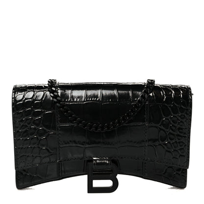 Shiny Calfskin Monochrome Crocodile Embossed Hourglass Chain Bag Black