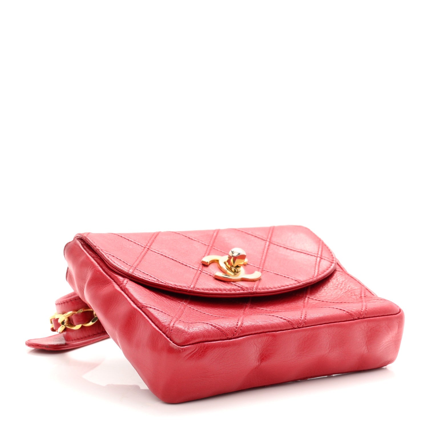 Lambskin Diamond Stitched Waist Chain Belt Flap Bag 75 30  Red