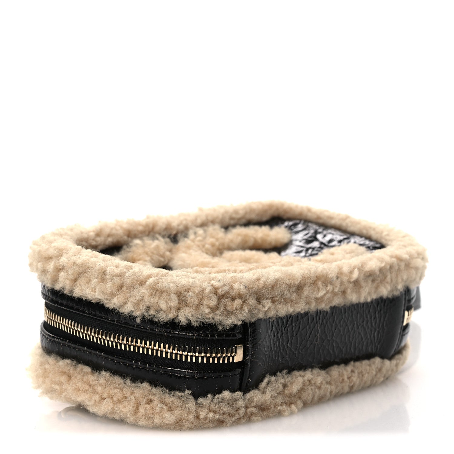 Shiny Crumpled Sheepskin Shearling Waist Bag Black Beige