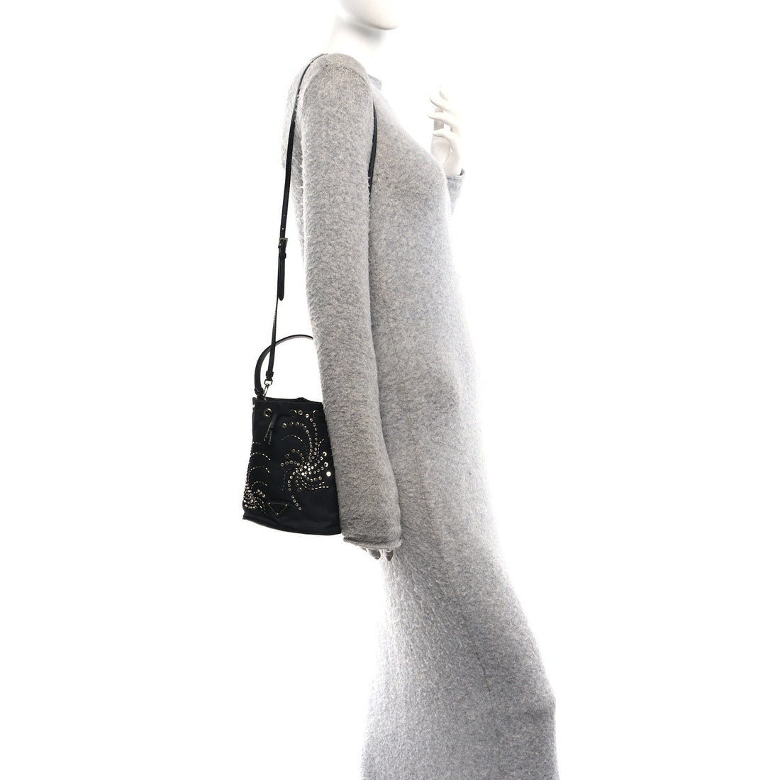 Tessuto Saffiano Ricamo Sequin Crystal Embellished Mini Re-Edition 1978 Bucket Bag Black