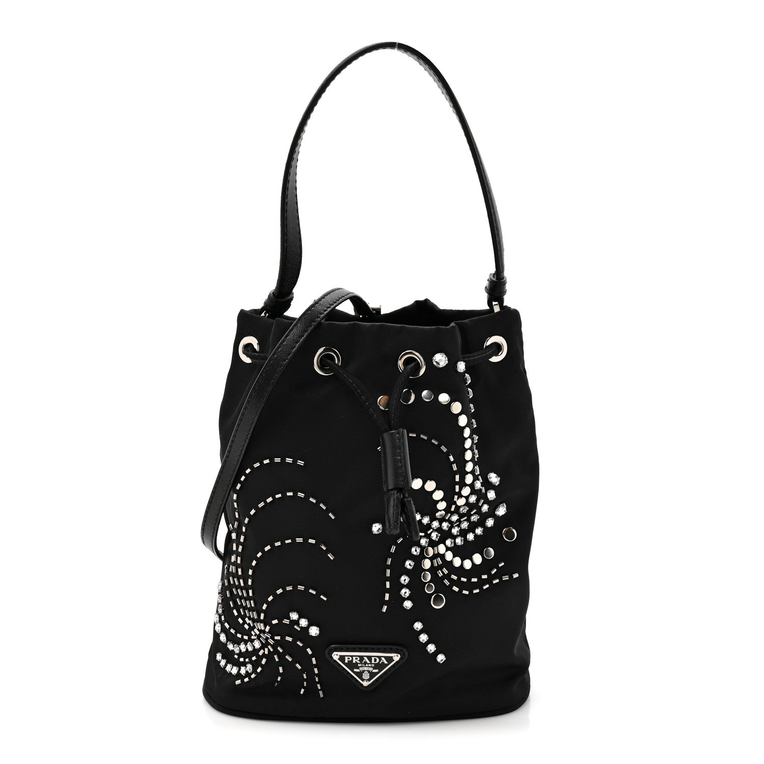 Tessuto Saffiano Ricamo Sequin Crystal Embellished Mini Re-Edition 1978 Bucket Bag Black