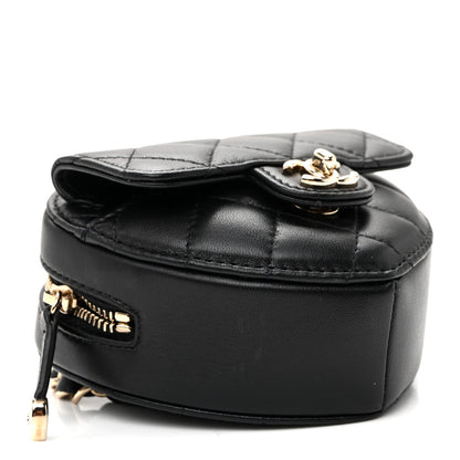 Lambskin Quilted CC In Love Heart Waist Belt Bag With Chain Black