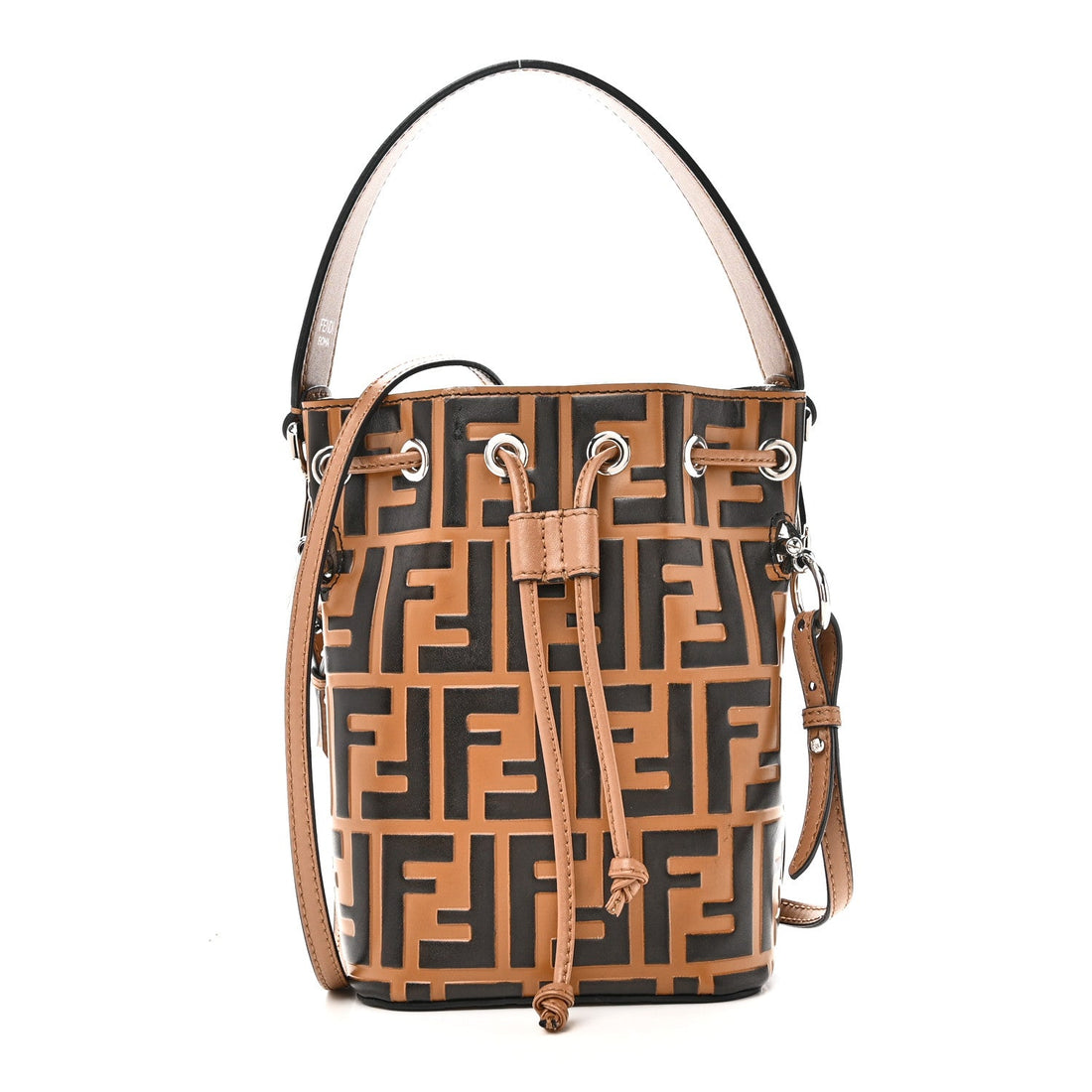 Vitello Liberty F is Fendi Bi-Color FF 1974 Embossed Mini Mon Tresor Bucket Bag Tobaco Orzo