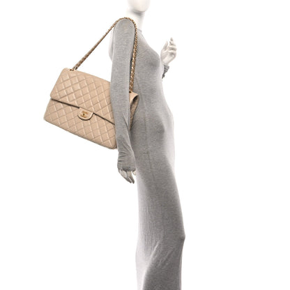 Grained Calfskin Quilted XXL Travel Flap Bag Beige