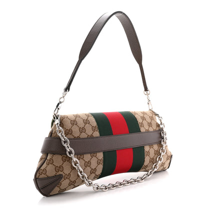 Monogram Textured Dollar Calfskin Heavy Grosgrain Web Medium Maxi Horsebit Chain Shoulder Bag Beige Ebony New Acero