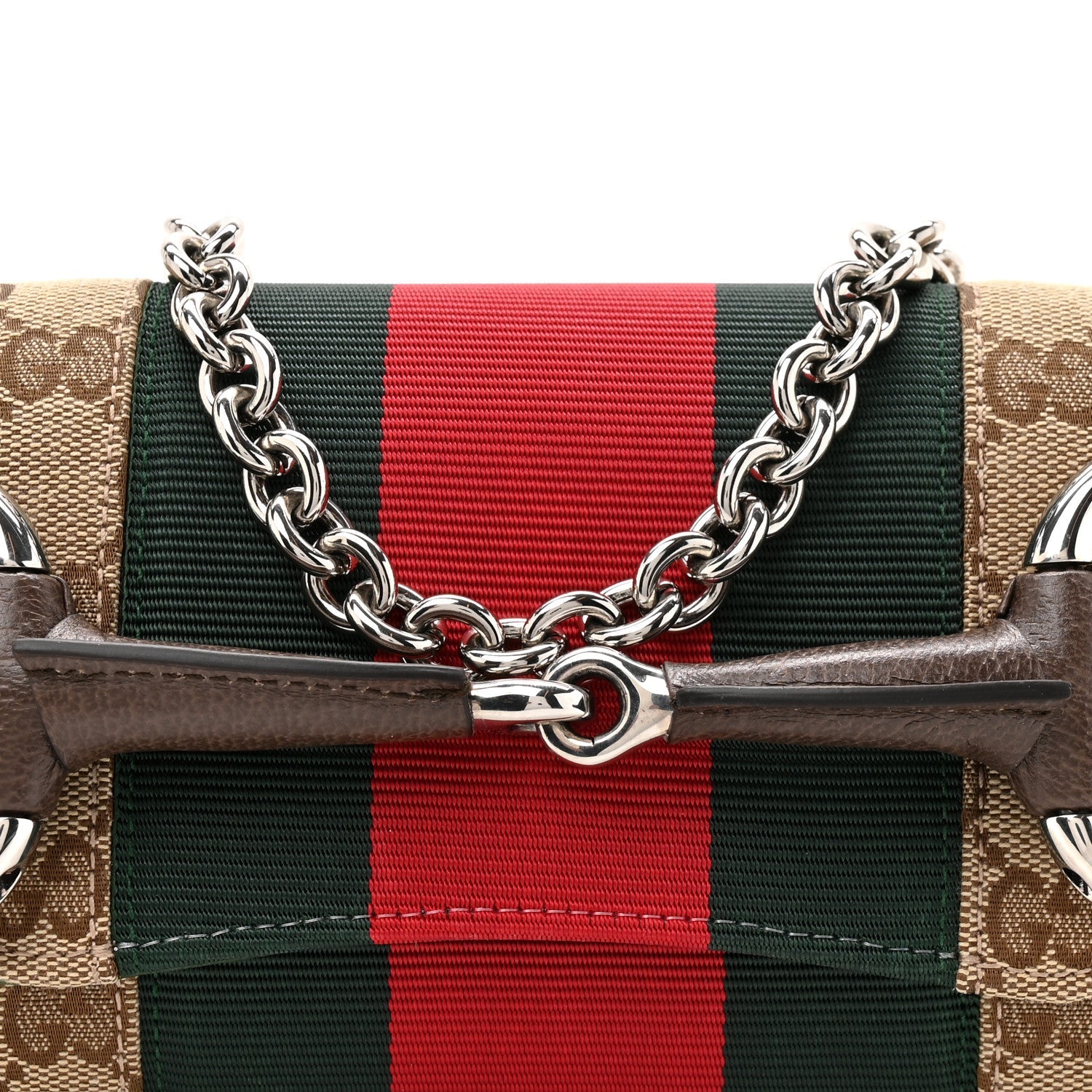 Monogram Textured Dollar Calfskin Heavy Grosgrain Web Small Maxi Horsebit Chain Shoulder Bag Beige Ebony New Acero