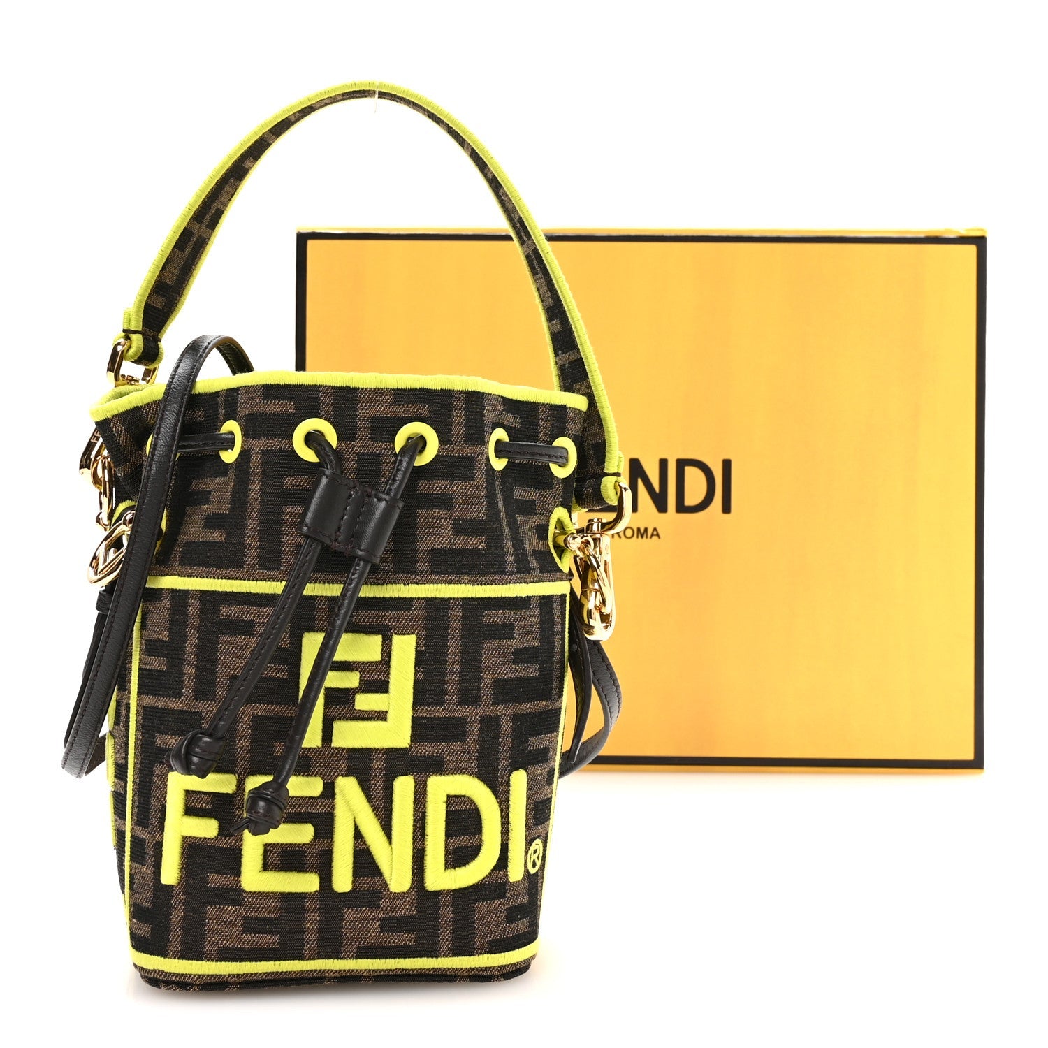 Fabric Jacquard Shiny Nappa FF 1974 Logo Threaded Edge Mini Mon Tresor Bucket Bag Tobacco Moro Giallo Fluo