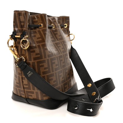 Glazed Fabric Vitello Grace F is Fendi FF 1974 Stamp Patch Grande Mon Tresor Bucket Bag Mogano Panna Black
