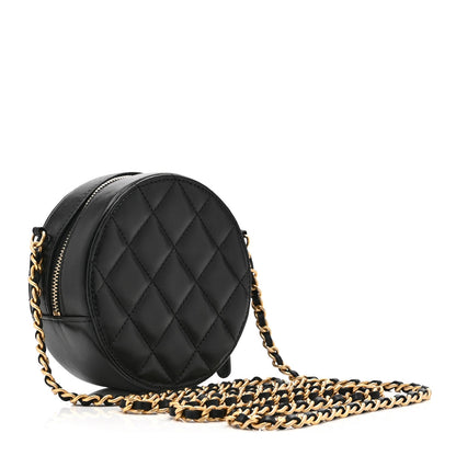 Lambskin Quilted Egyptian Amulet Round Clutch With Chain  Black