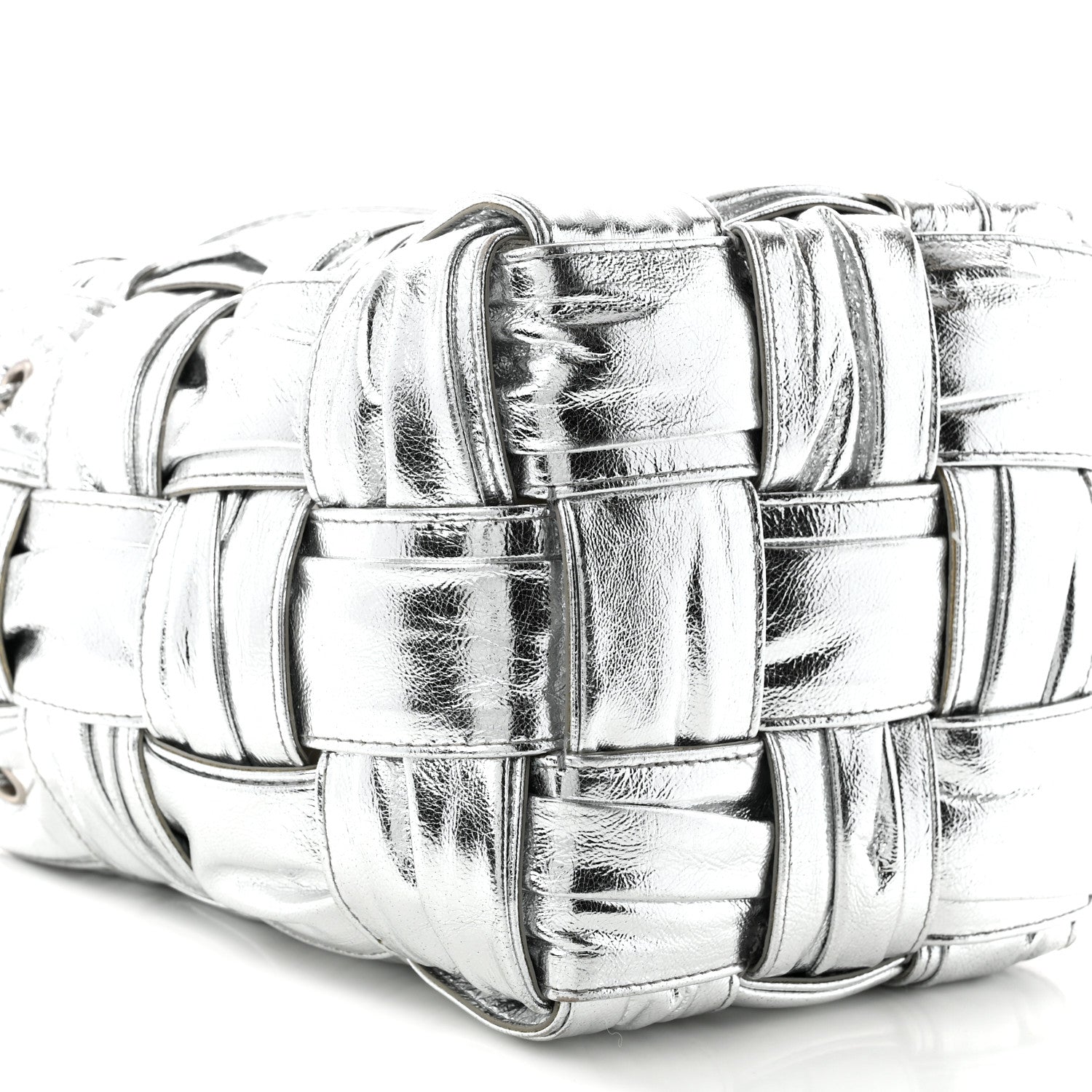 Metallic Calfskin Intrecciato Foulard Bucket Bag Silver