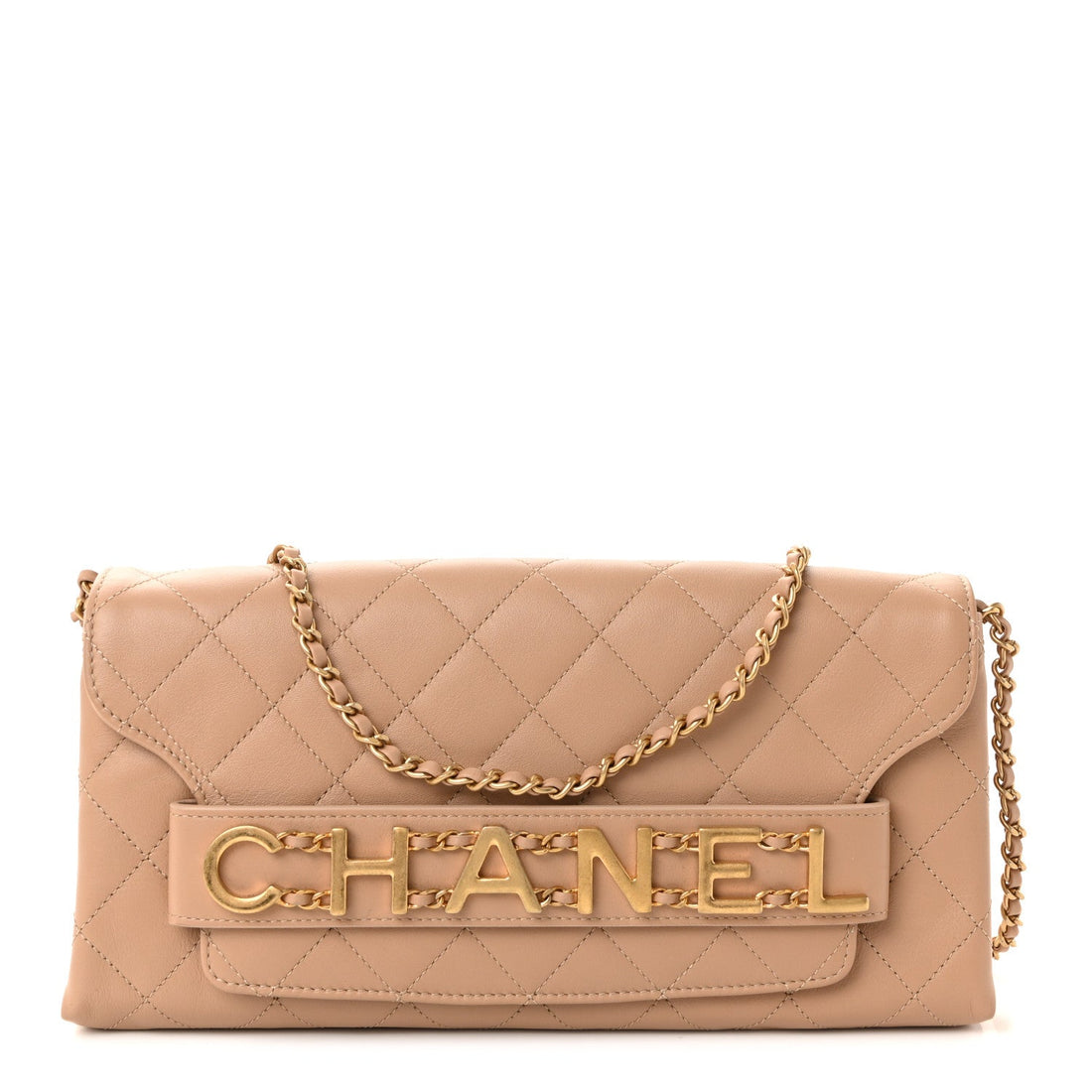 Calfskin Quilted Enchained Clutch Beige