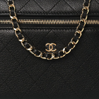 Goatskin Stitched Top Handle Slim Vanity With Chain Black