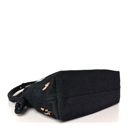 X Louis Wain Denim Embroidered Futurist Cats Medium Flamenco Knot Clutch Blue