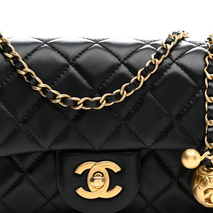 Lambskin Quilted Mini Rectangular Pearl Crush Flap Black