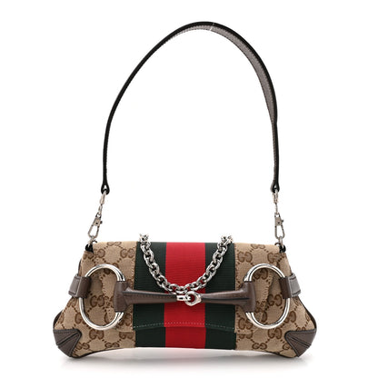 Monogram Textured Dollar Calfskin Heavy Grosgrain Web Small Maxi Horsebit Chain Shoulder Bag Beige Ebony New Acero