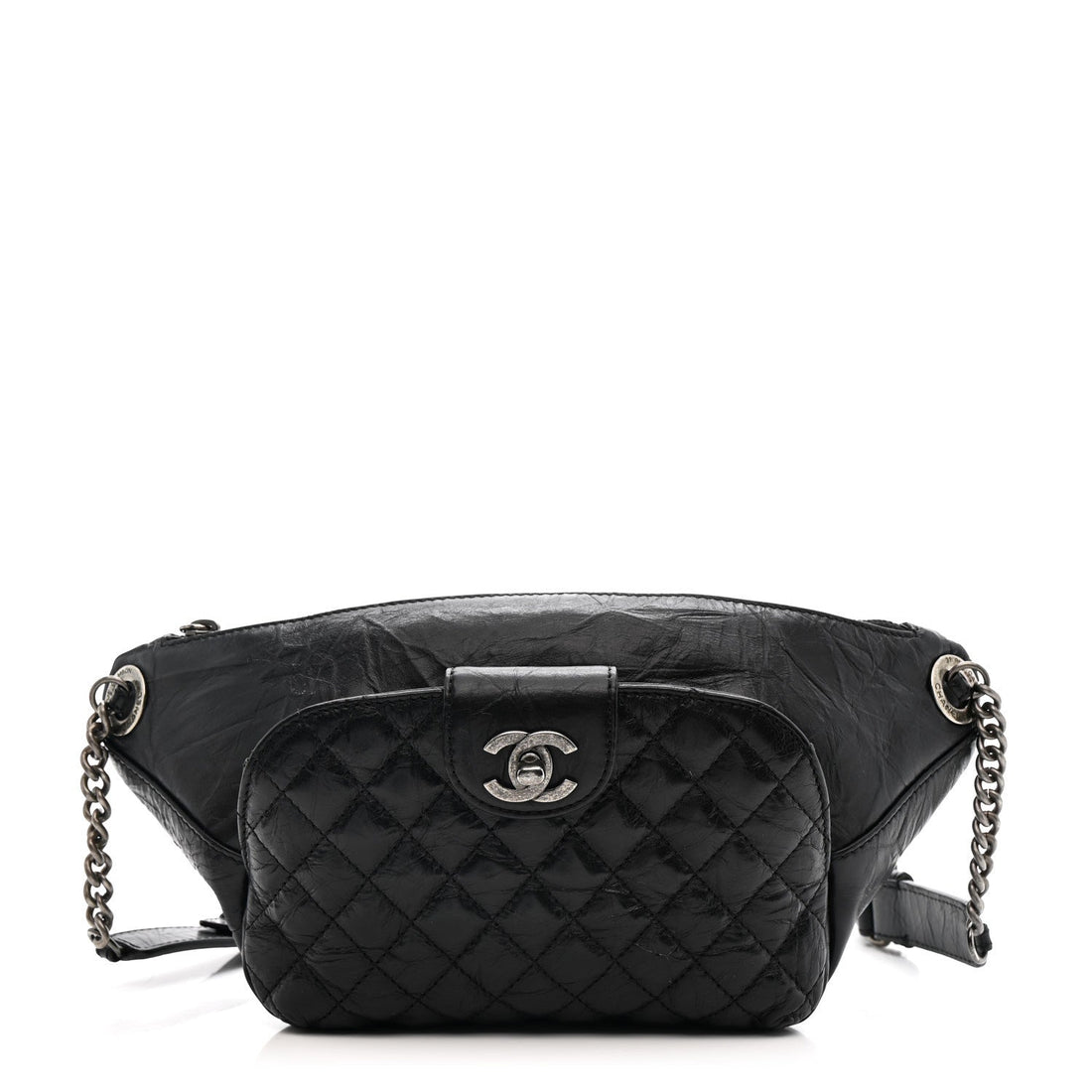 Crumpled Calfskin Quilted Casual Rock Waist Bag Fanny Pack Black