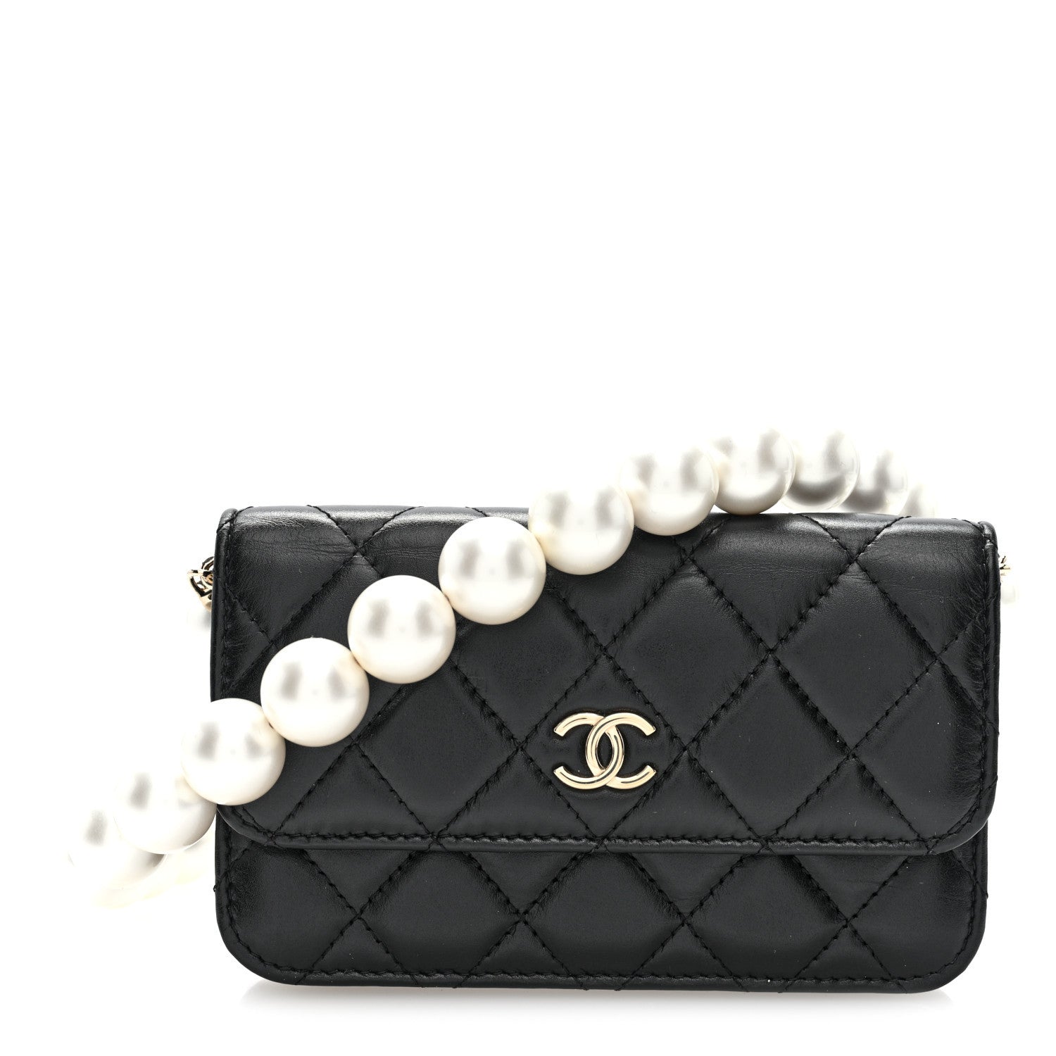 Calfskin Quilted Maxi Pearls Clutch With Chain Black