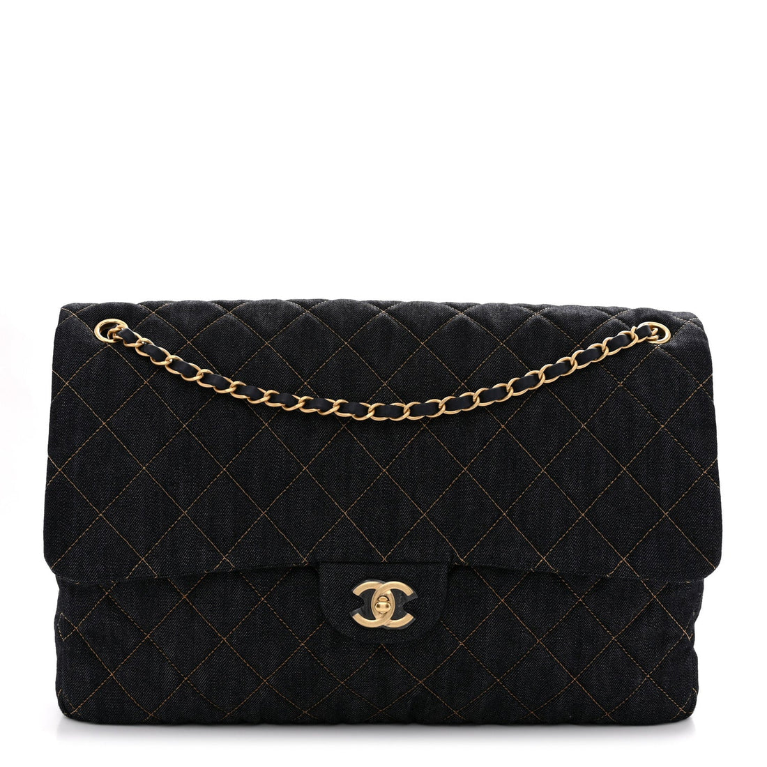 Denim Quilted XXL Travel Flap Bag Dark Blue Orange