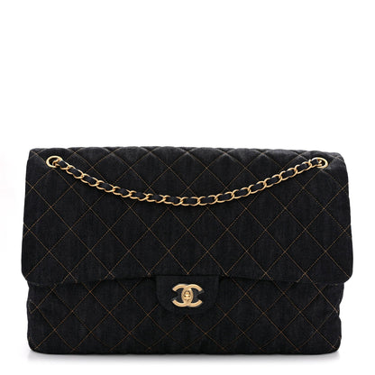 Denim Quilted XXL Travel Flap Bag Dark Blue Orange
