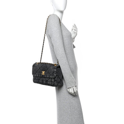Washed Denim Quilted Large Flap Bag Black