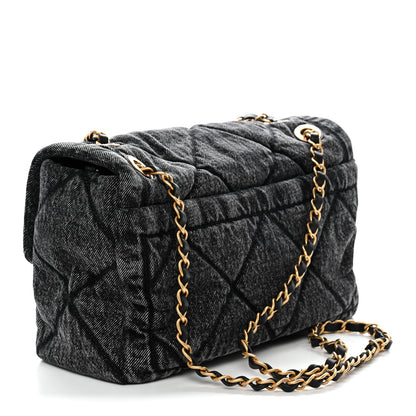 Washed Denim Quilted Large Flap Bag Black