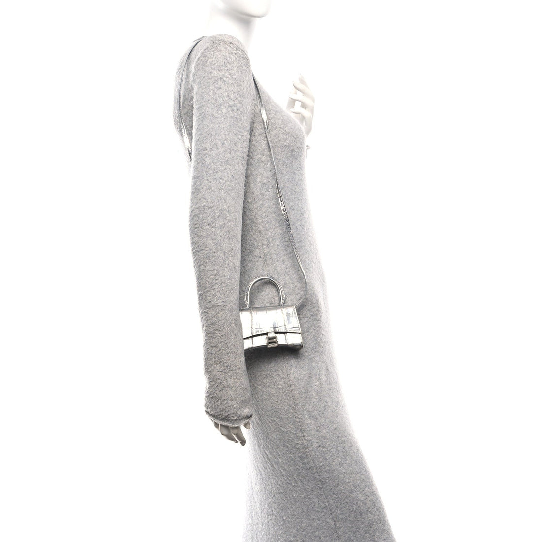 Metallic Calfskin Crocodile Embossed Hourglass Top Handle Bag Mini Silver