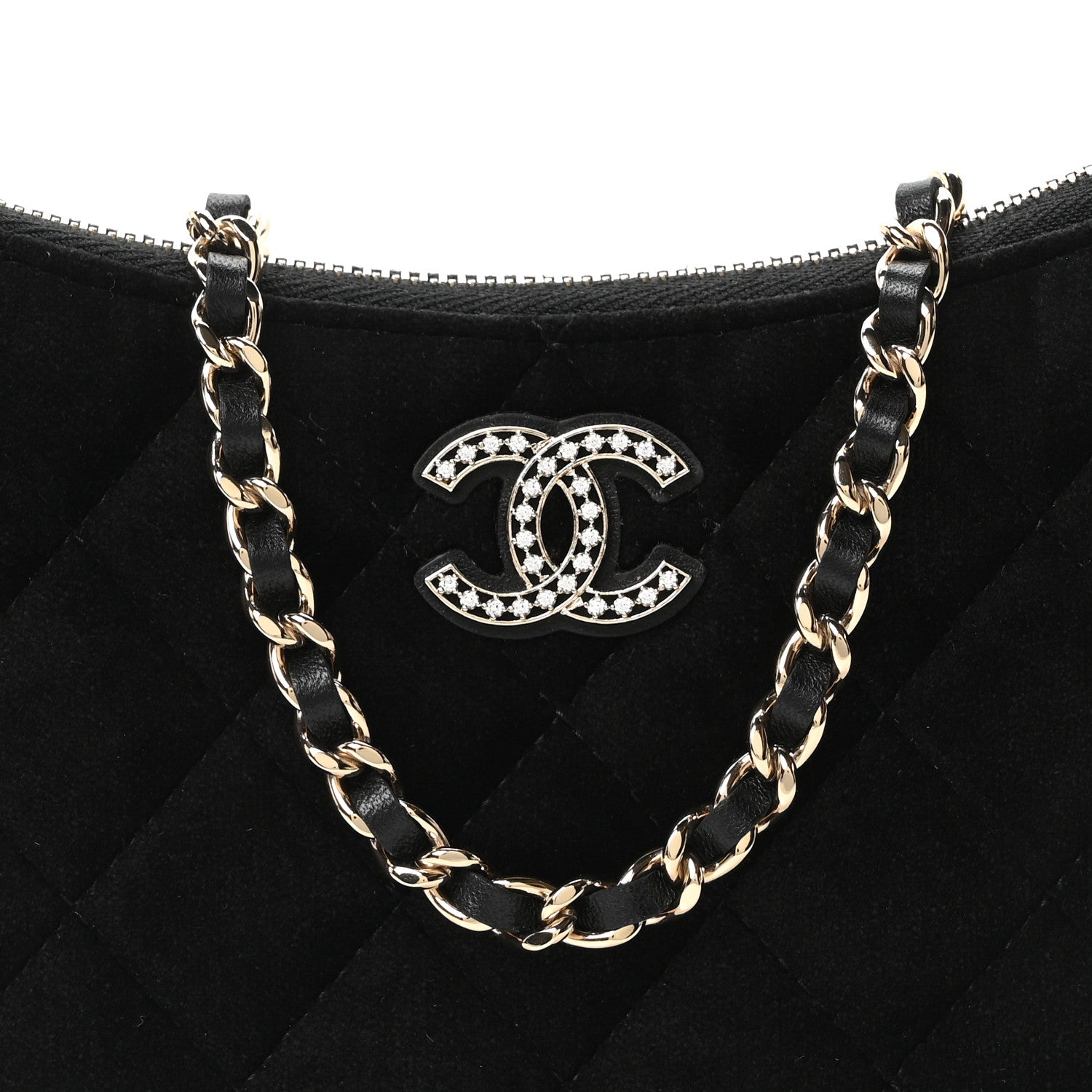 Velvet Crystal Quilted Chain Hobo Black