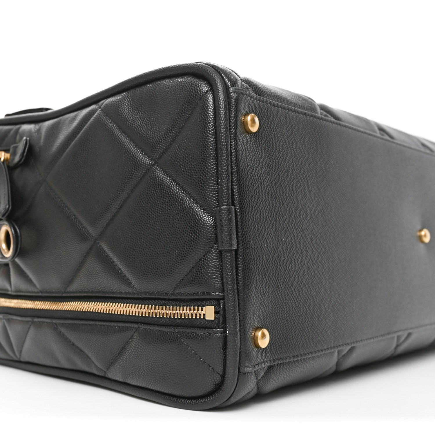 Shiny Grained Calfskin Quilted Travel Bowling Bag Black