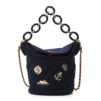 Wool Lambskin Quilted Paris Hamburg Charms Bucket Bag Dark Navy