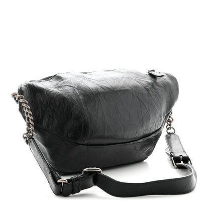 Crumpled Calfskin Quilted Casual Rock Waist Bag Fanny Pack Black