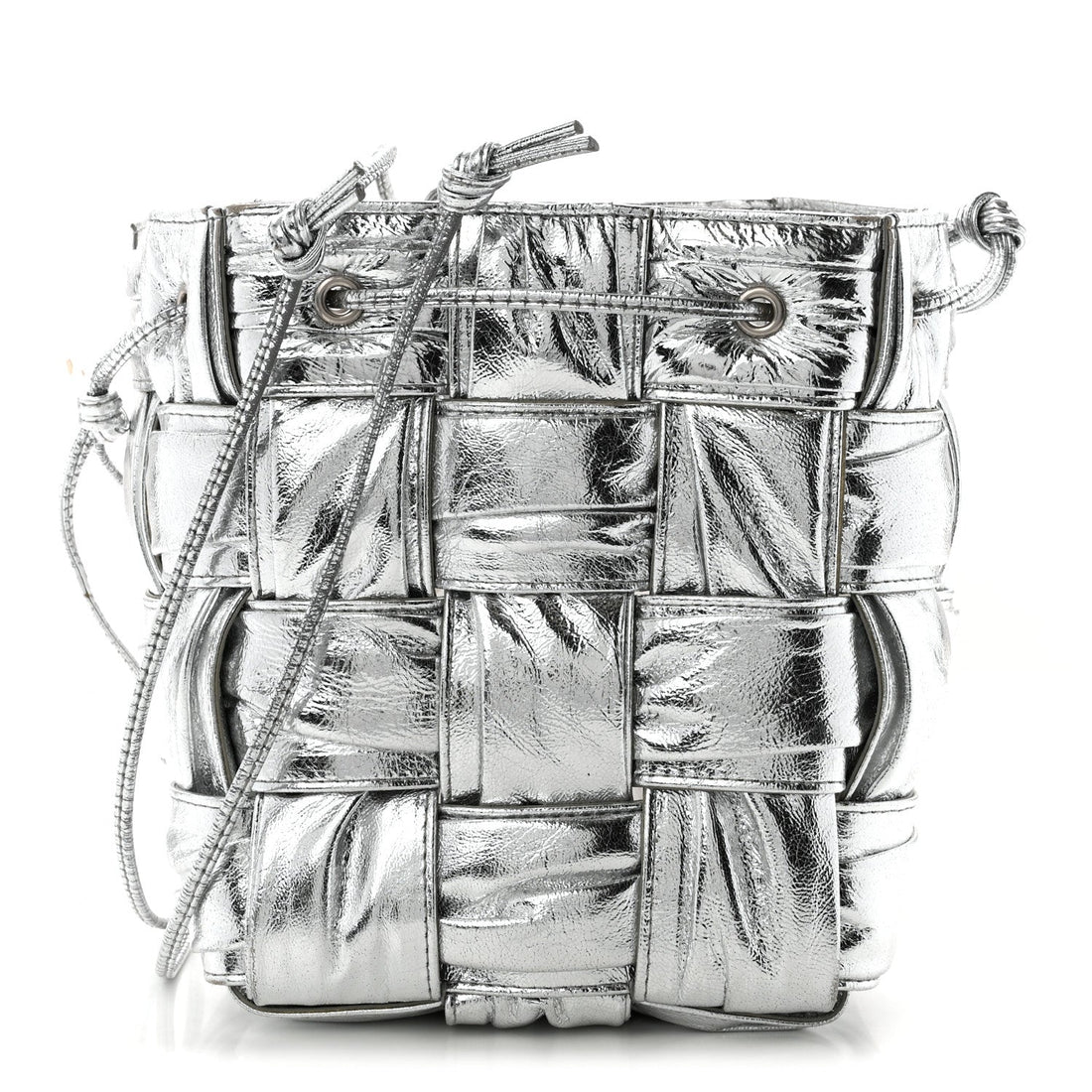 Metallic Calfskin Intrecciato Foulard Bucket Bag Silver