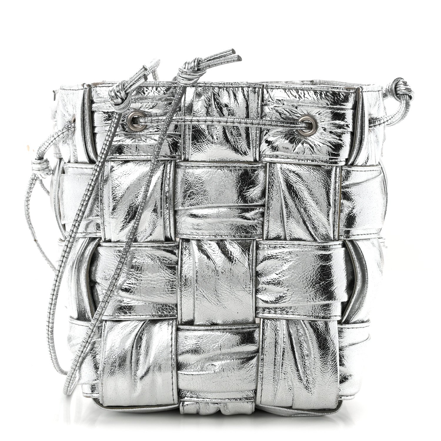 Metallic Calfskin Intrecciato Foulard Bucket Bag Silver