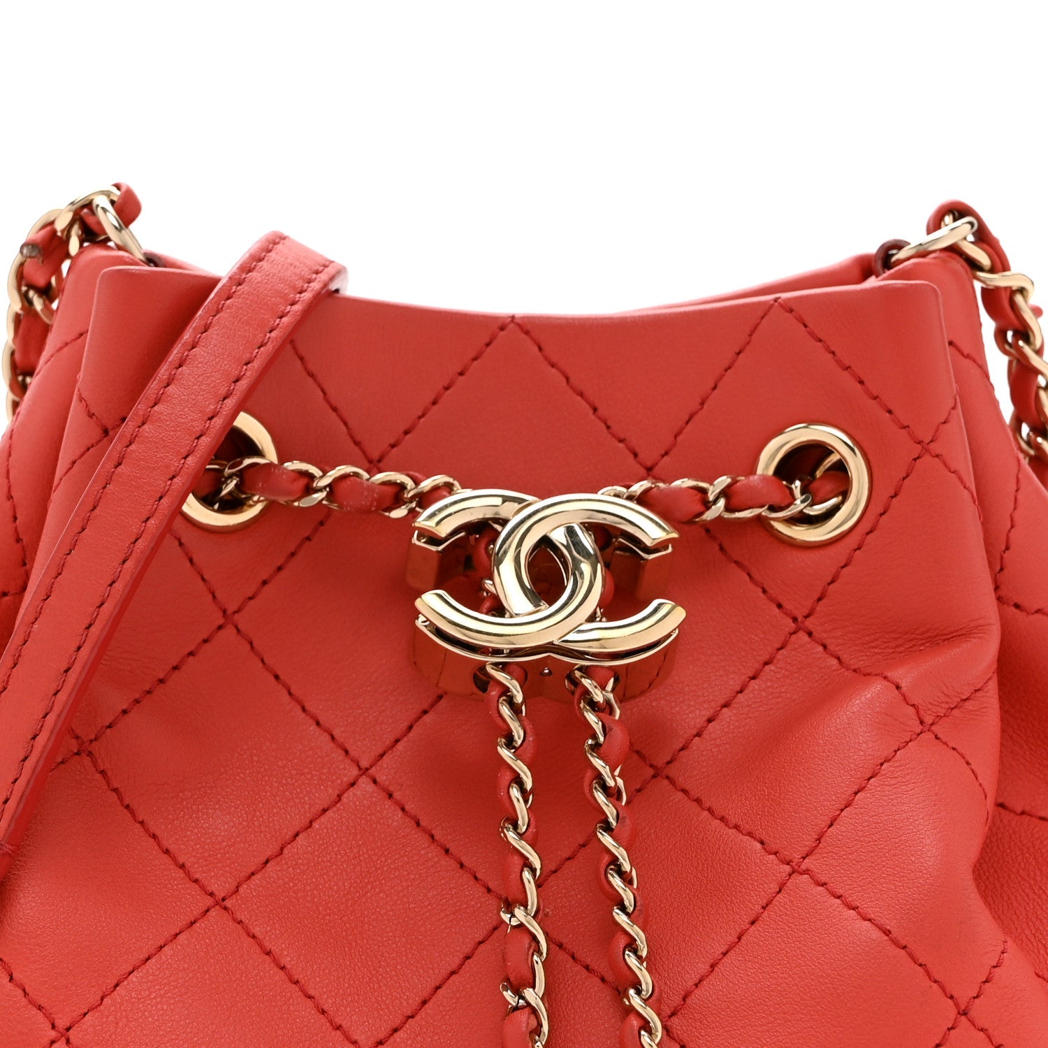Calfskin Stitched Chain Bucket Bag Coral