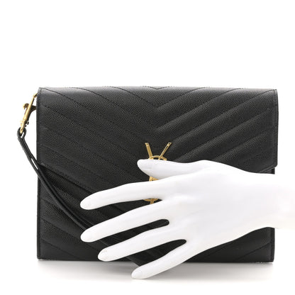 Grain De Poudre Matelasse Chevron Monogram Envelope Clutch Black