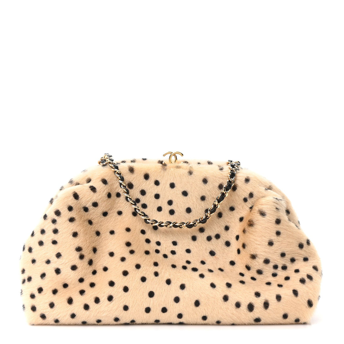 Pony Hair Cheetah Printed Lambskin Clutch With Chain Beige Black