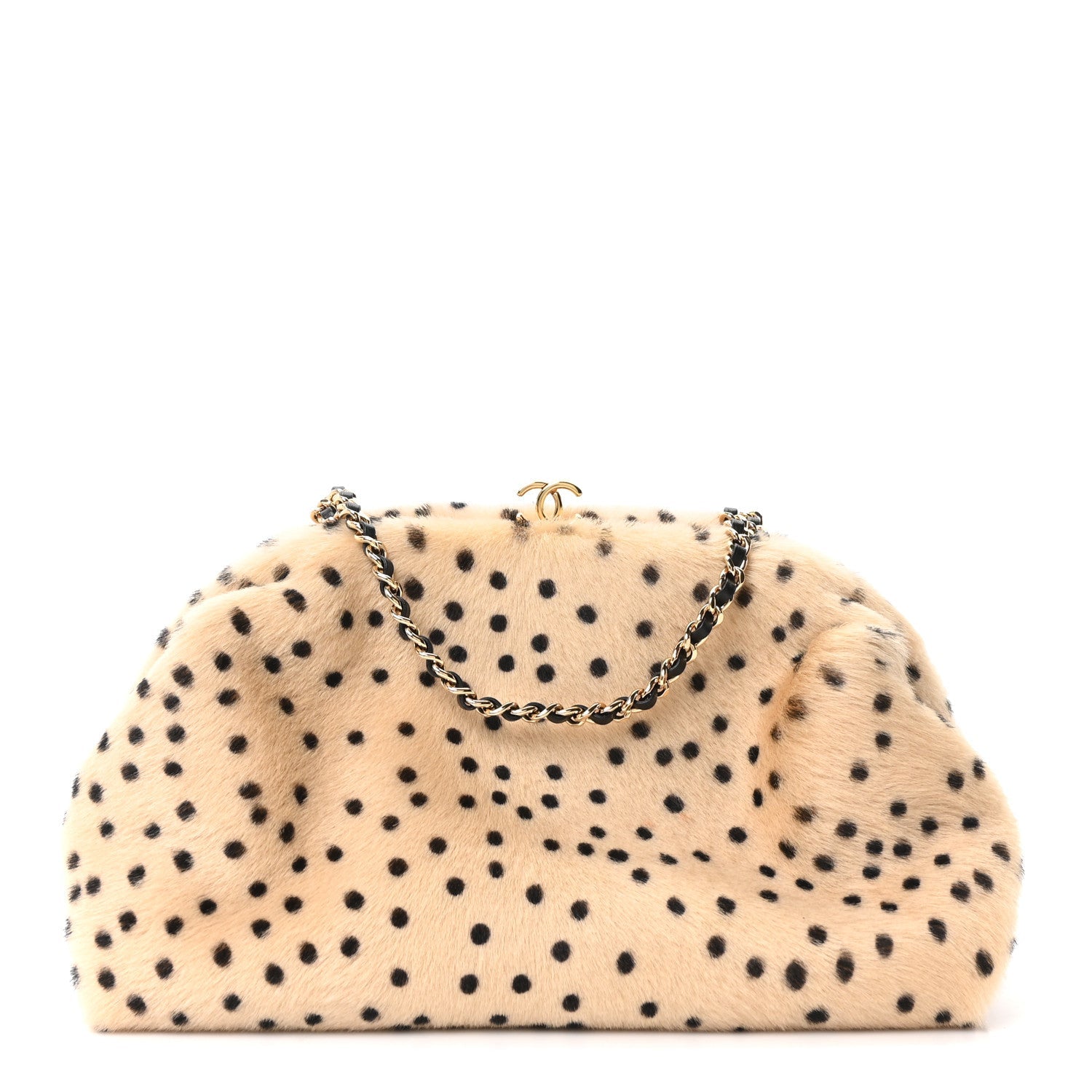 Pony Hair Cheetah Printed Lambskin Clutch With Chain Beige Black