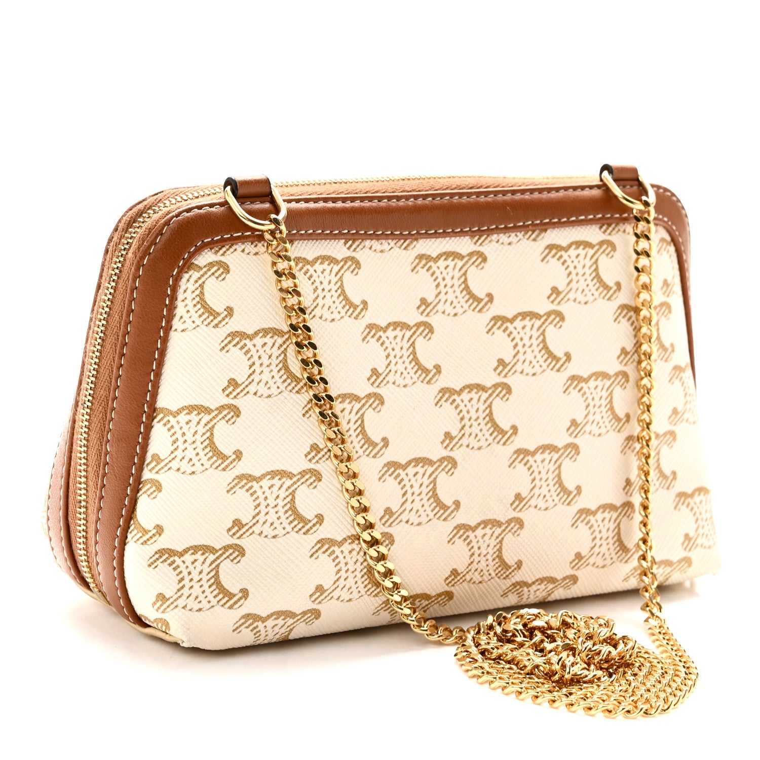 Lambskin Triomphe Canvas Clutch With Chain White Tan
