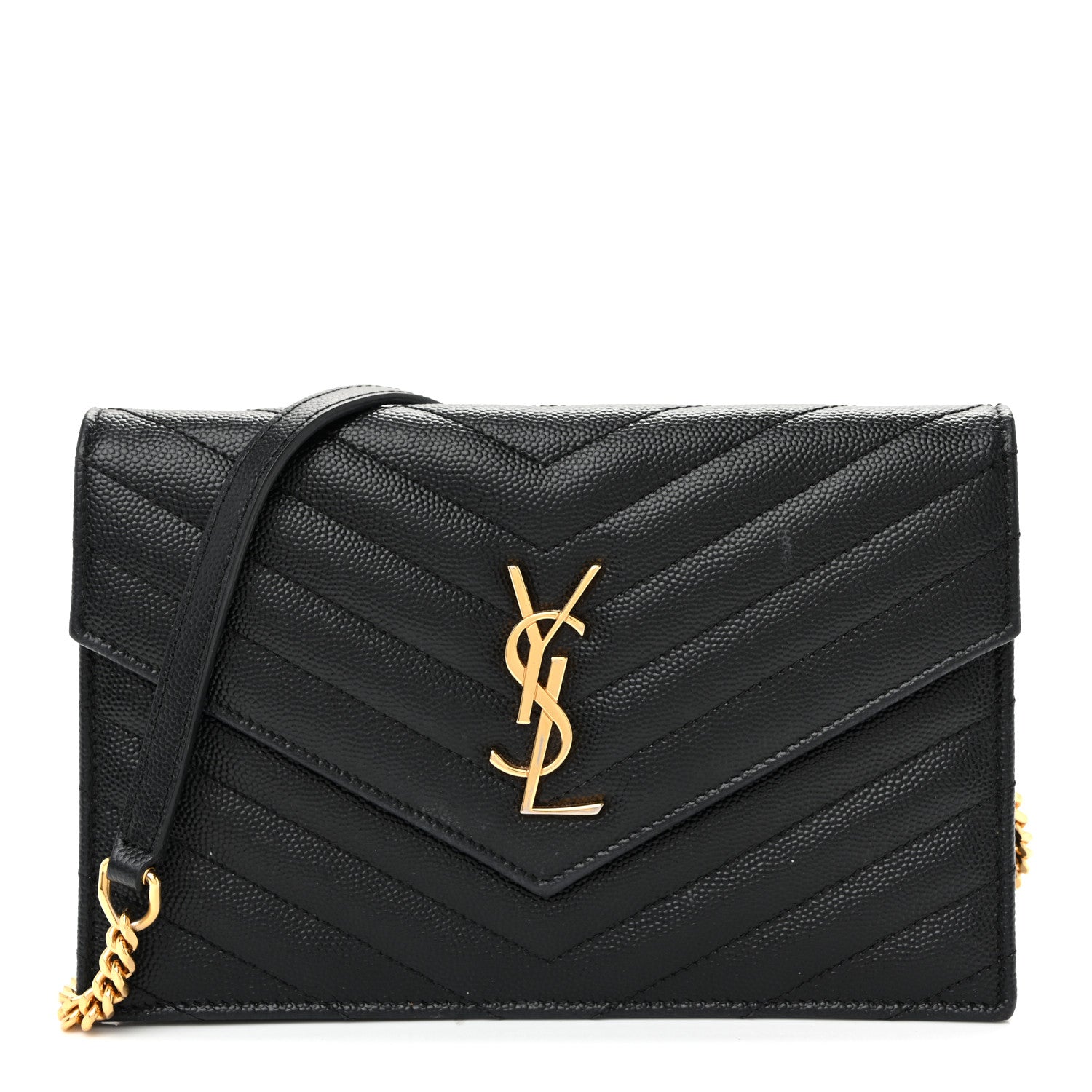 Grain De Poudre Matelasse Chevron Monogram Envelope Chain Wallet Black